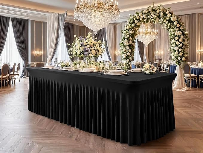 fani 2 Packs Black Stretch Table Skirts for 6 Foot Rectangle Table, Washable Spandex Stretch Tablecloths with Skirt, Wrinkle Resistant Fitted Tablecover for Wedding Party Banquet