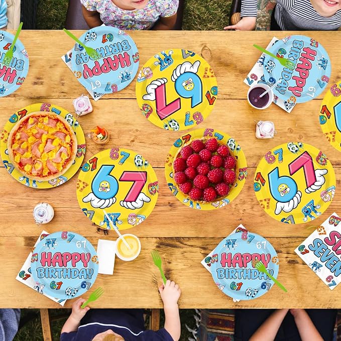96Pcs 6 7 Birthday Decorations 6-7 Birthday Plates and Napkins Six Seven Themed Disposable Paper Tableware Set for Kids Boys Girls I was 6 Now Im 7 Party Supplies Serves 24