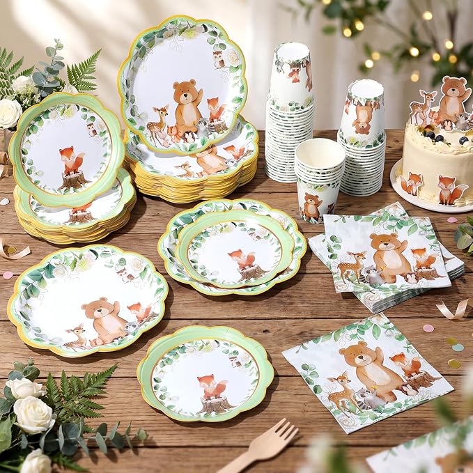 Funnymoom 250 Pcs Woodland Baby Shower Party Decorations Safari Animals Paper Plates Napkins and Cups Disposable Tableware Set for Birthday Baby Bridal Shower Wedding Party Supplies, Serves 50