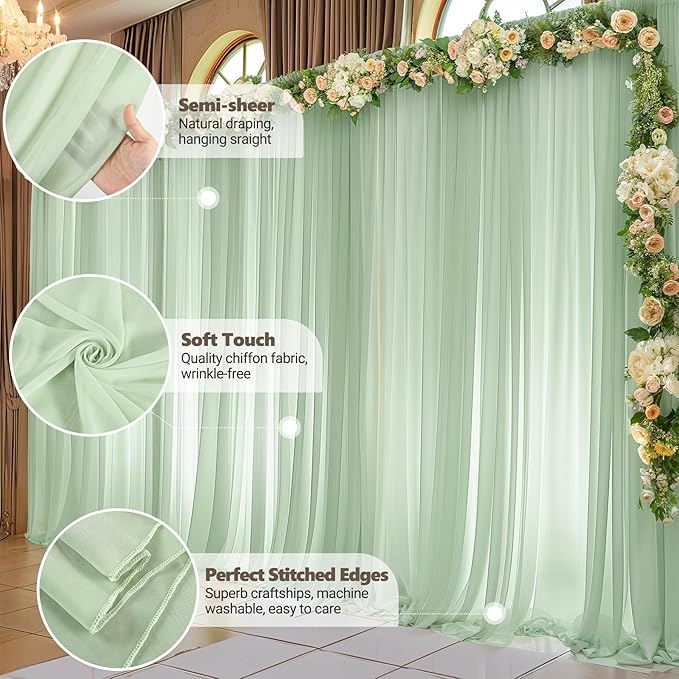 20ft x 10ft Sage Green Backdrop Curtains, Wrinkle-Free Sheer Chiffon Fabric Backdrop Drapes for Wedding Arch Party Ceremony Stage Photo Decoration