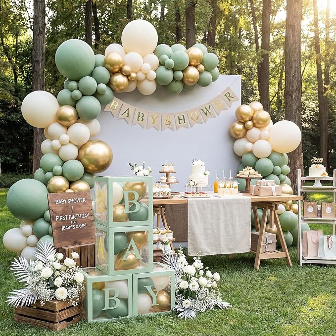 Zhanmai Baby Boxes for Bear Baby Shower Decoration with 4 Letters 36 Balloons 4 Transparent Clear Balloon Box Blocks for Boy Girl Gender Reveal Party Favors (Gold,White,Sage Green)
