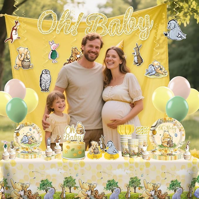 Xynic 201pcs Bear Baby Shower Decorations, Complete Disposable Tableware Set Includes 300gsm Plates Cupcake Toppers and 2 Plastic Tablecloths for Baby Shower and Party, Serves 25