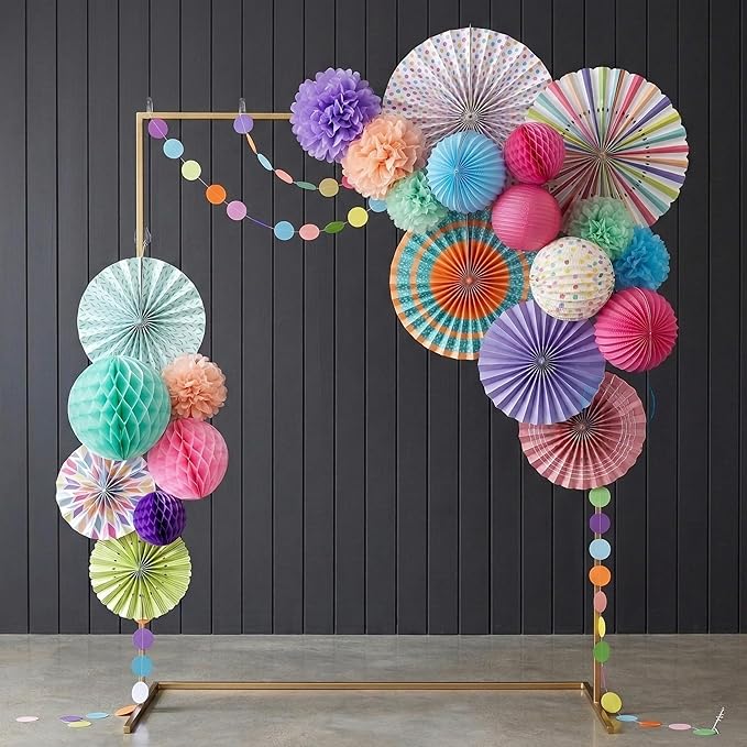 PapaKit Origami Wall Decoration Set (8 Assorted Round Paper Fans) Birthday Party Baby Shower Wedding Events Decor | Creative Art Design Pattern (Festive Colors with Mixed Patterns, 8 Piece Set)