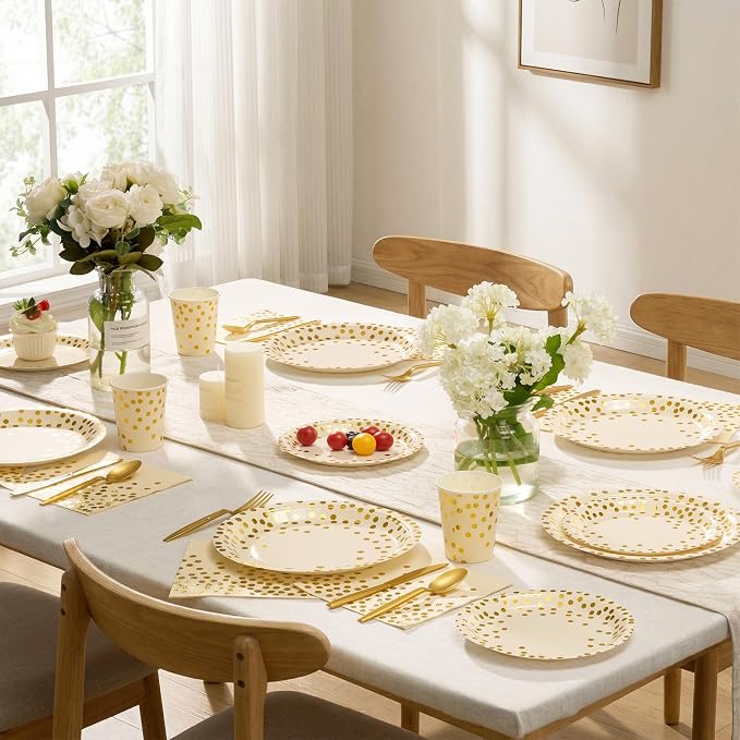 Goodlluck 175PCS Ivory Gold Foil Polka Dot Disposable Party Tableware Set, 25 Guests | 9" & 7" Golden Dot Disposable Paper Plates, 9oz Cups, Napkins & Gold Cutlery for Birthday, Wedding & Baby Shower