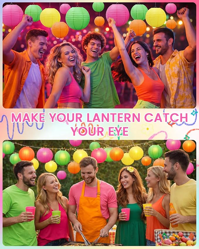 Treela 48 Pcs Paper Lanterns Party Decorations Chinese Round Paper Decor 4/6/8/10 Inch Asian Hanging Lamps Decorative for Graduate Wedding Birthday Party Bridal Parties Supplies(Neon)