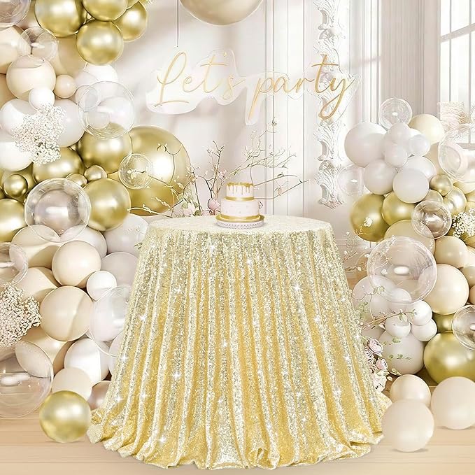 B-COOL Round Sequin Tablecloth Draping Decorations: Light Gold 90 Inch Tablecloths Sequin Overlay Green Shimmer Fabric for Birthday Dinner Parties Graguation