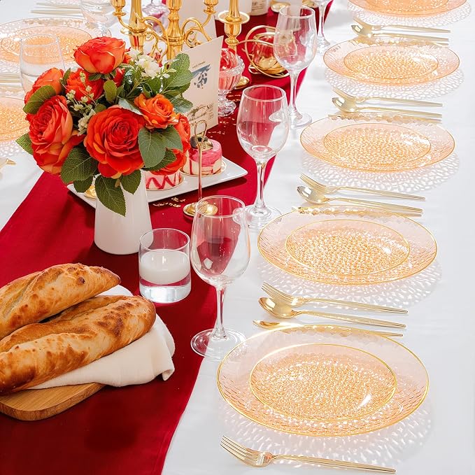 Rubtlamp 60Pcs Orange Plastic Plates, Orange Disposable Plates With Gold Rim, Hammered Plastic Plates Include 30 Dessert Platos, 30 Dinner Platos for Party