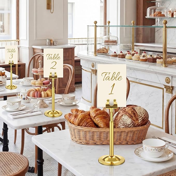 Kathfly Gold 12 Set Table Number Holders Adjustable Metal Place Card Holders Harp-clip Tabletop Sign Stands Detachable Card Holder for Weddings Birthday Restaurants Table Decor (4.9-7.3 Inch)