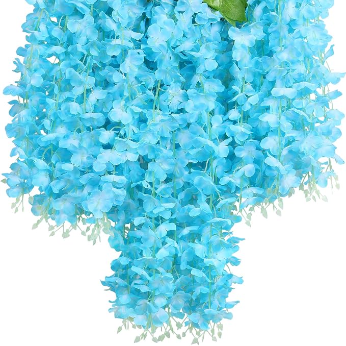U'Artlines 24 Pack(Total 86.4 Feet) Artificial Fake Wisteria Vine Rattan Hanging Garland Silk Flowers String Home Party Wedding Decor (24, Blue)