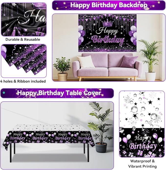 Black and Purple Birthday Decorations for Women Girls Men, Purple and Silver Party Decorations Happy Birthday Banner Backdrop Honeycomb Centerpiece Table Decoration Black Confetti Silver Balloons Arch