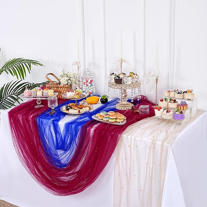 LuoluoHouse Pearl Tulle Table Runner Fabric - Burgundy 10ft Wedding Veil Seasonal Dessert Chiffon Pearl Lace Boho Overlay Wedding Aisle Runner Party Decorations Doilies