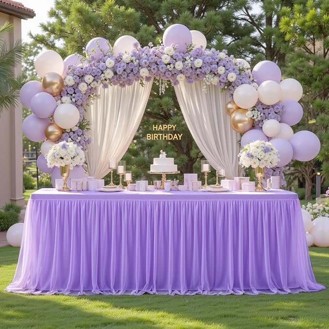 Purple Table Cloth Spandex Table Covers 8ft Fitted Tulle Tablecloth Rectangular Desk Skirt Stretch Lavender Lilac Table Cloths Covers Party Banquet Birthday Baby Shower Wedding Table Cloth, 2 Pack