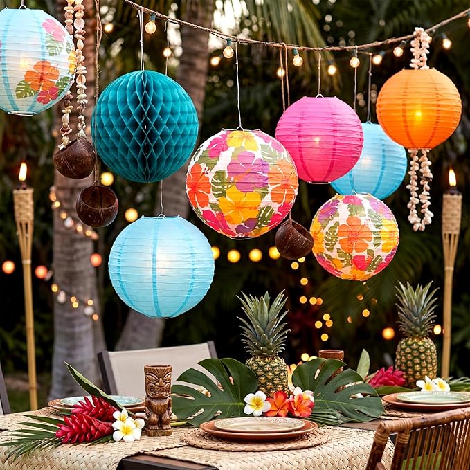 Retisee 18 Pcs Tropical Hibiscus Party Decorations Kit Colorful Hibiscus Flower Paper Lanterns Tropical Flower Hanging Paper Fans Luau Party Hanging Honeycomb Ball for Summer Hawaiian Decor Supplies