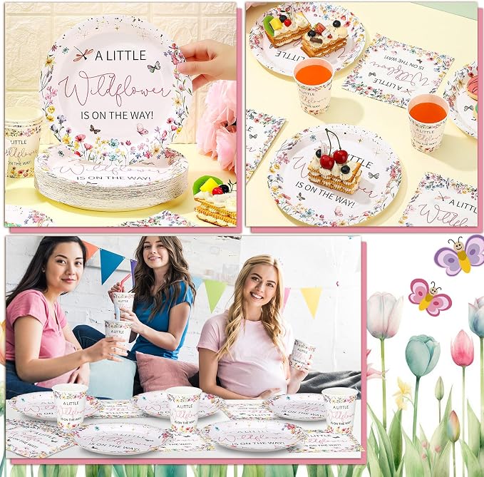 Hushee 200 Pcs Baby in Bloom Baby Shower Paper Plates Napkins Cups Wildflower Party Supplies Tableware Set a Little Wildflower Is on The Way Disposable Plates for 50 Guest Spring Summer Party Decor