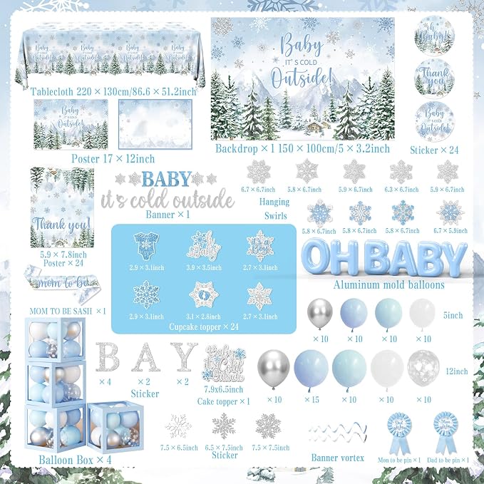 Baby It’s Cold Outside Baby Shower Decorations, Blue Winter Baby Shower Decorations for Boy Winter Woodland Tablecloth Banner Backdrop Balloon Box Cupcake Topper Hanging Swirl for Boy Gender Reveal
