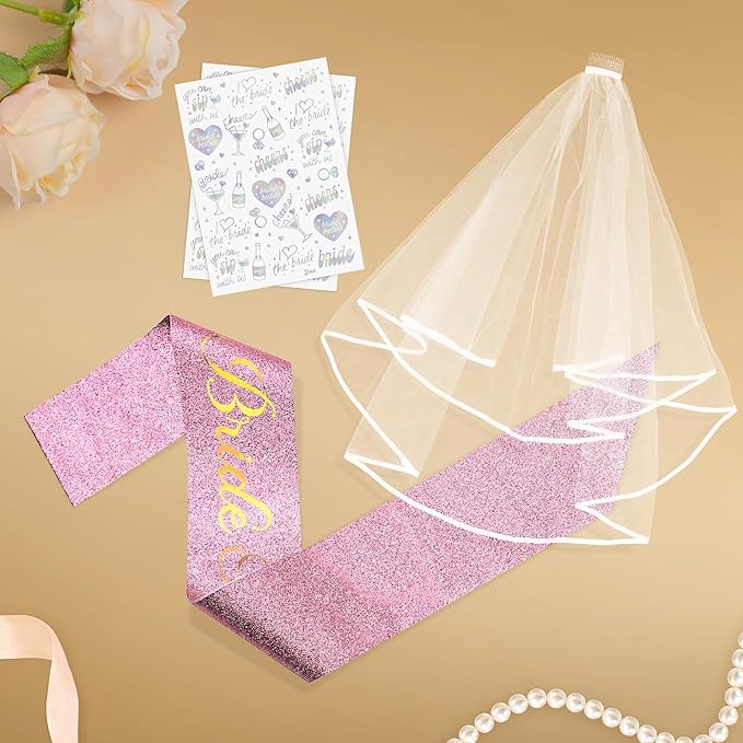 Glitter Bride to Be Sash Set – Glitter Sash, Plain Veil & Temporary Tattoos – Bridal Shower Hen Night Bachelorette Party Accessories