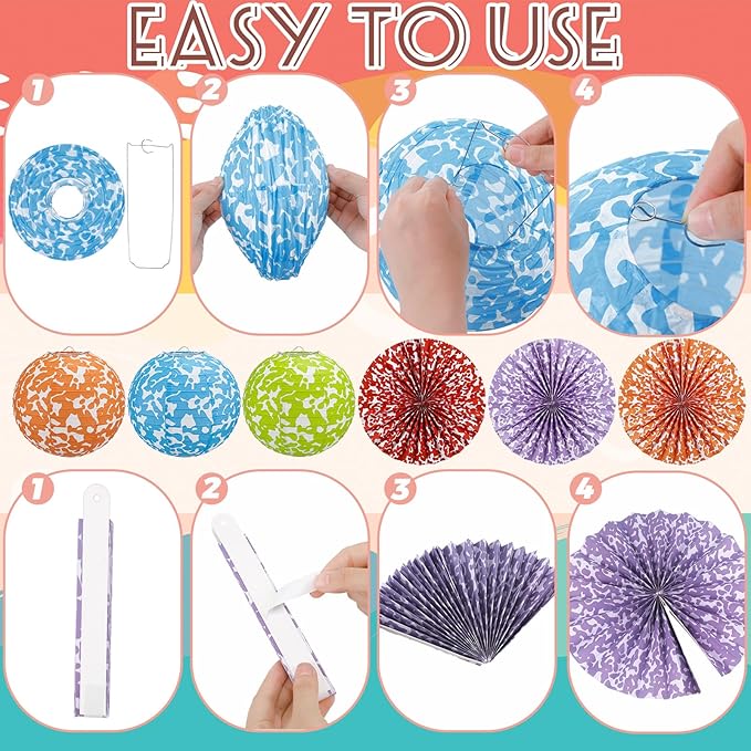 Wavwavw 18 Pcs Colorful Composition Paper Lanterns and Paper Fan Decorations Set, Composition Notebook Hanging Party Decorations Marble Garlands Bulletin Board Decor for Classroom Grad End of Year