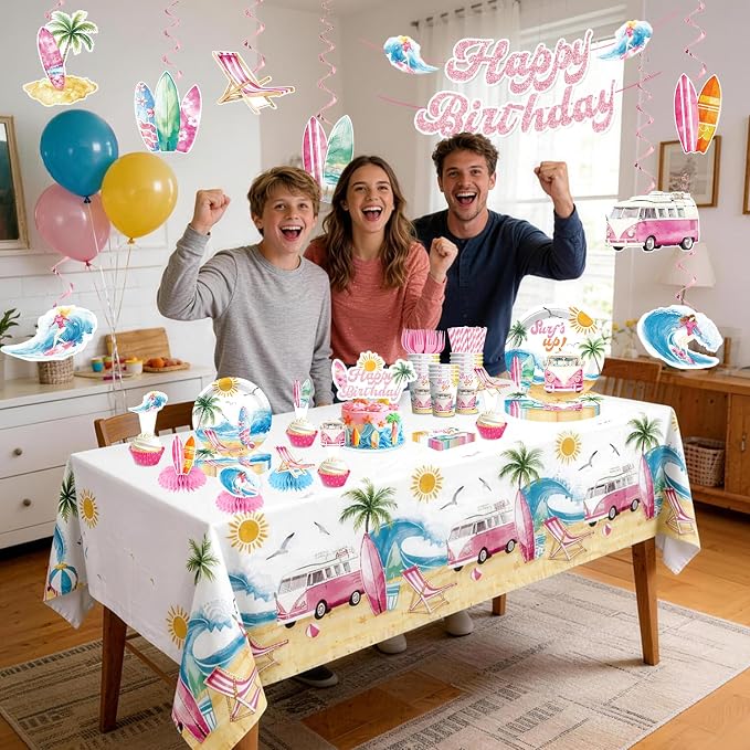 Xynic 205pcs Surf Birthday Party Decorations Complete Tableware Set, for 25 Guests, Beach Birthday Party Decorations, with Banner, Balloons, Cake Cupcake Toppers, Plates, Cups, Napkins, Tablecloth