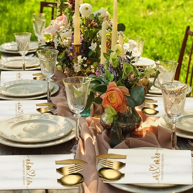 Panelee 100 Pcs Wedding Napkins with Built-in Flatware Pocket Mr and Mrs Personalized Napkins Linen Feel Disposable Dinner Supplies for Wedding Reception Bridal Shower Party Decor(Gold)