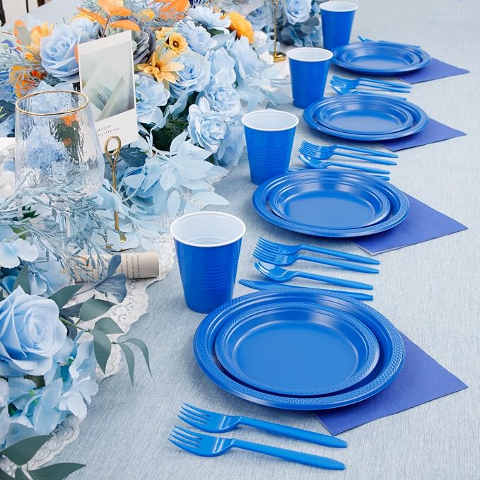 MirthMood 350 Pieces Blue Party Supplies, Disposable Dinnerware Set, Including Blue Plastic Plates and Napkins, Plastic Cutlery and 12OZ Cups,Serve 50 Guests for Party & Birthday