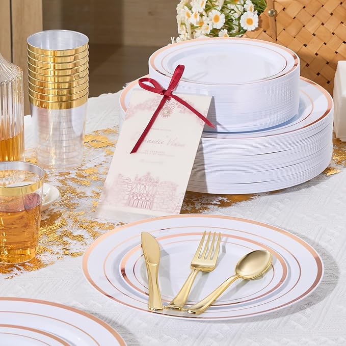 Fijinhom 175 Pcs Rose Gold Disposable Plates for 25 Guests, Disposable Plastic Plates, Dinnerware Set Include 25 Dinner Plates, 25 Salad Plates,25 Cups, 25 Paper Napkins for Party, Wedding
