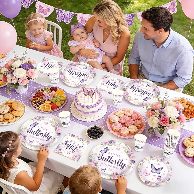 250 Pcs Butterfly Baby Shower Decorations A Little Butterfly is on The Way Tableware Set Include Purple Floral Plates Napkins Cups for Kids Girls Baby Shower Birthday Supplies Serves 50