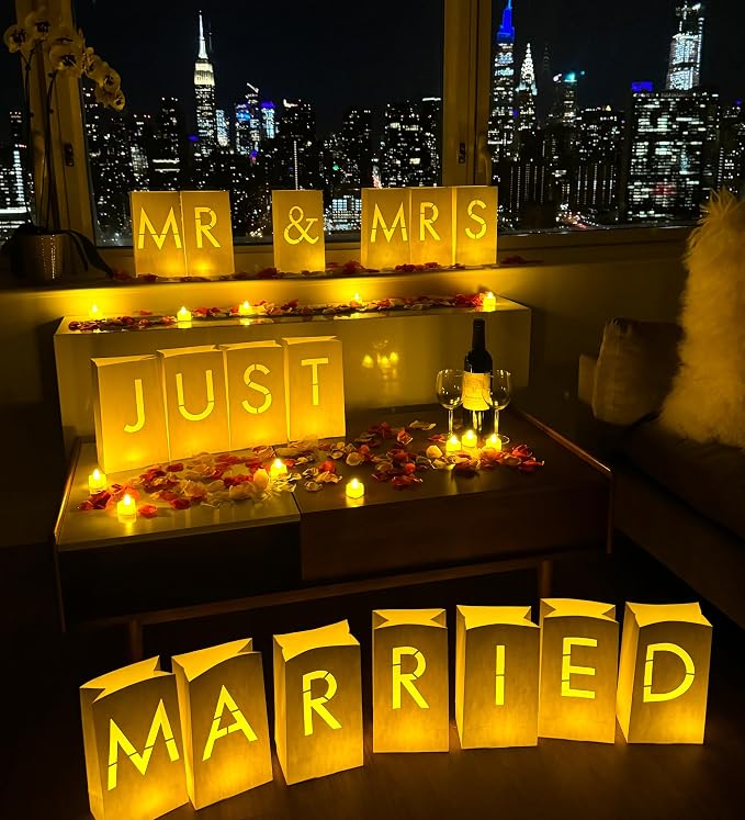 WYMM Just Married Light Up Letters with Tea Lights, Candles and Rose Petals - Luminary Paper Bags for Just Married Banner and Decorations