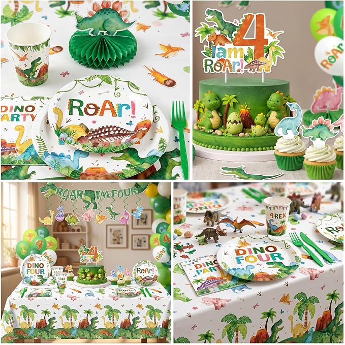 210 Pcs Dinosaur 4th Birthday Party Decorations (Serves 24), Four-Rex Jurassic Dinosaur Birthday Include Banner Hanging Plates Napkins Cups Forks Knifes Tablecloth Topper Balloons for Party
