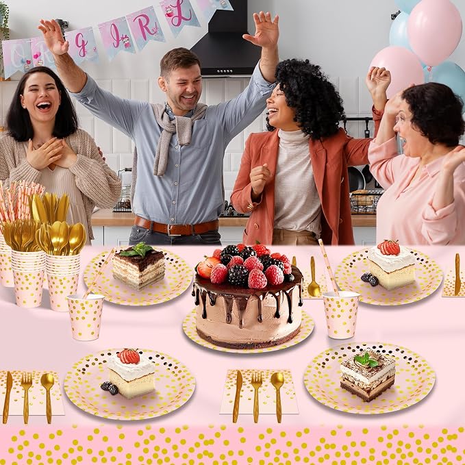 Nkaiso Paper Plates and Napkins Set, 193 Pieces Pink Gold Party Supplies Includes Paper Plates Cups Napkins Straws and Cutlery for Birthday Wedding Holidays Parties Decorations-24 Guests