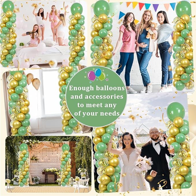 2 Sets Sage Green Balloon Column Stand Kit with 100 Balloons Spring Graduation Adjustable Balloon Tower Stand with Bases Olive Green Gold Column for Mother's Day Birthday Wedding Party Decor