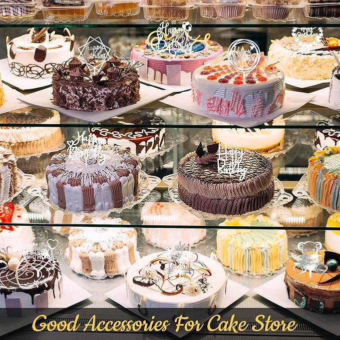 Outus 150 Pcs Happy Birthday Cake Toppers Acrylic Cake Topper Glitter Birthday Cake Decorations Double Sided for Adults Various Cake Decoration Party Supplies (Silver,Cute)