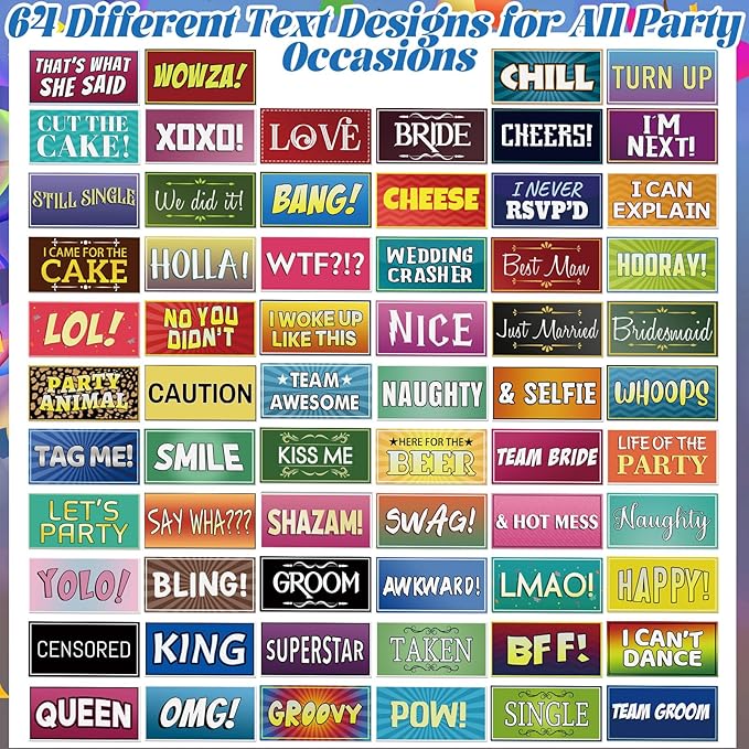AceOrbit 64 Designs Funny Photo Booth Prop for All Occasion Double Sided 11x5.5'' Photobooth Props Sign Decor DIY Waterproof Selfie Sign for Wedding Graduate Birthday Party Supplies(Classic Style)