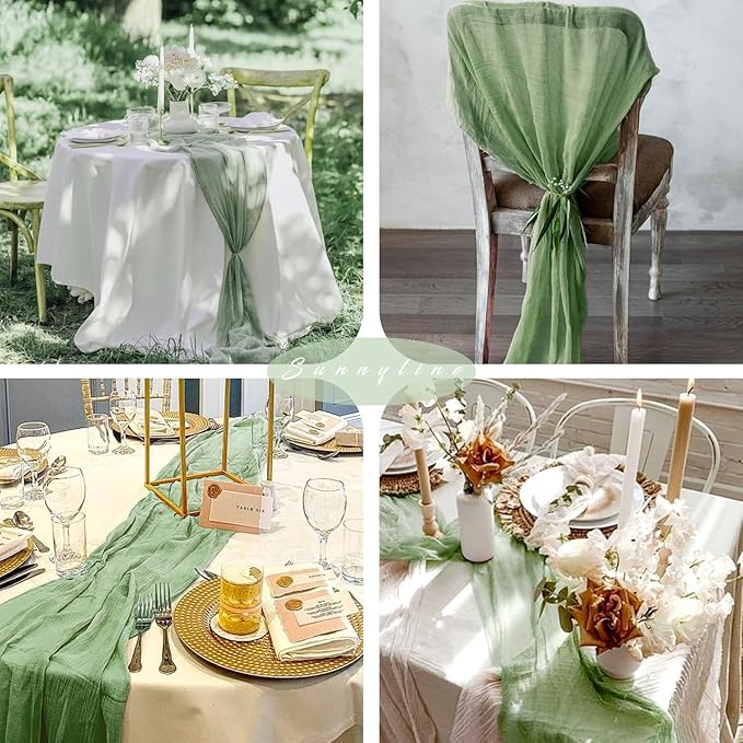 6 Pcs Sage Green Cheesecloth Table Runner 10FT Runner for Tables 35 x 120 Inches Long Gauze Boho Fabric Table Runner Decoration Rustic Sheer Runner for Wedding Birthday Baby Shower Party (Sage Green)