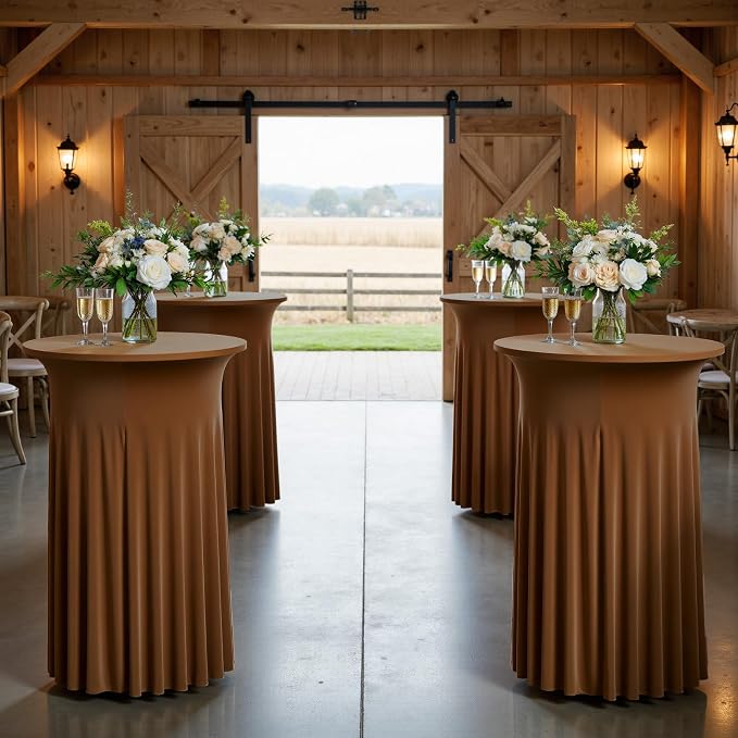 2 pk Brown Cocktail Table Cloth Round 32×43in-High Top Highboy Bar Coffee Cocktail Tablecloths-Wrinkle Free Stretchy Fitted Spandex Table Covers with Ruffle Desk Skirt for Wedding Banquet Party Tables