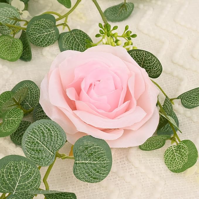 Dolicer 4Pcs 26 Ft Artificial Eucalyptus Garlands with Flowers - 8 Roses, Faux Floral Greenery Garlands Fake Flowers Vines for Wedding Table Centerpieces Arch Party Ceremony Backdrop Decor (Pink)