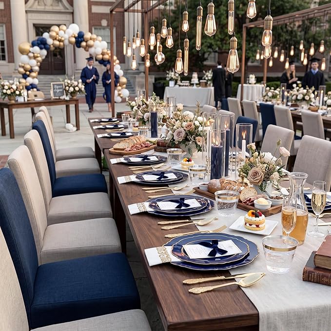 KIRE 210Pcs Navy Blue Plastic Plates - Blue and Gold Plates Disposable - 30guest Baroque Plastic Dinnerware for Upscale Wedding/Parties/Passover/Graduation