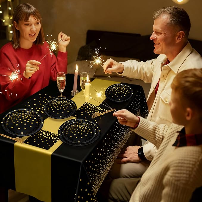 QZYL 122 Pcs Black and Gold Plates and Napkins, Black Plates Disposable for Party, Golden Birthday Tableware Serves 30, Gold Dots Retirement Party Supplies with Plate, Napkin, Fork and Tablecloth