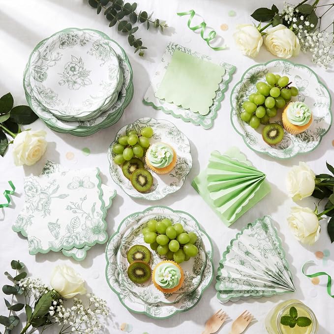 Funnymoom 200 Pcs Sage Green Floral Party Tableware Vintage Green White Floral Disposable Paper Dinner Dessert Plates Napkins for Birthday Wedding Garden Tea Party Bridal 50 Guests