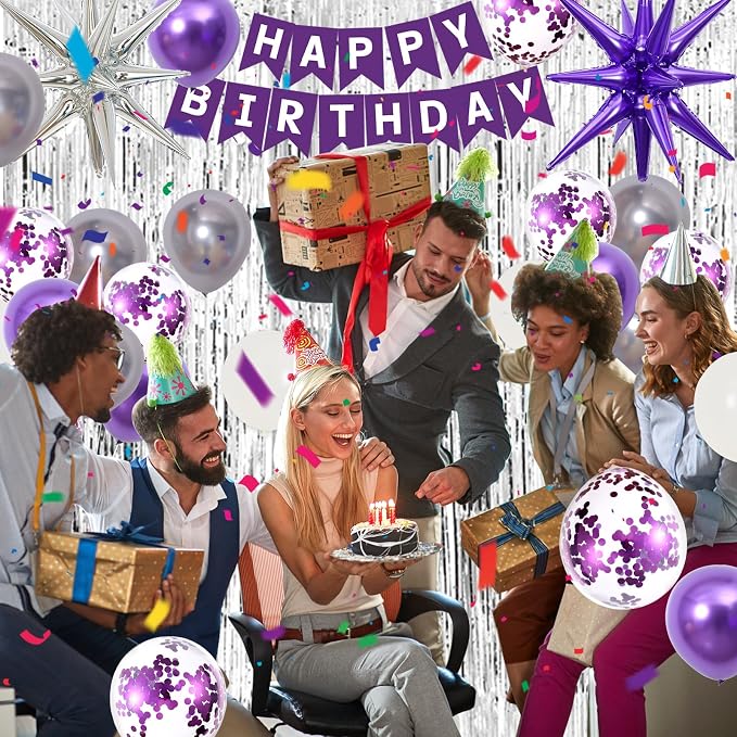 Purple Birthday Decorations for Women Girls, Lavender Purple Silver Party Decorations Kit with Happy Birthday Banner Backdrop Tablecloth Fringe Curtain Balloon Arch