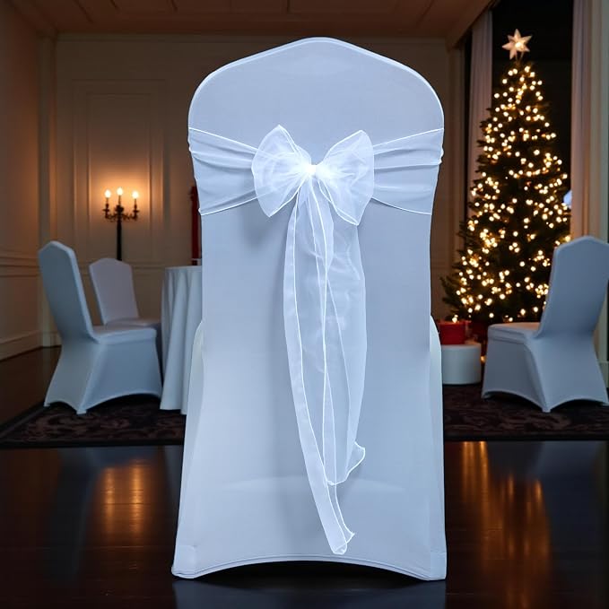 MDS® Pack of 75 Organza Chair Sashes for Wedding Decoration, Reusable Sheer Chair Bows for Banquet Chair Cover, Reception, Bridal Shower, Baby Shower, Birthday Party & Special Events - White