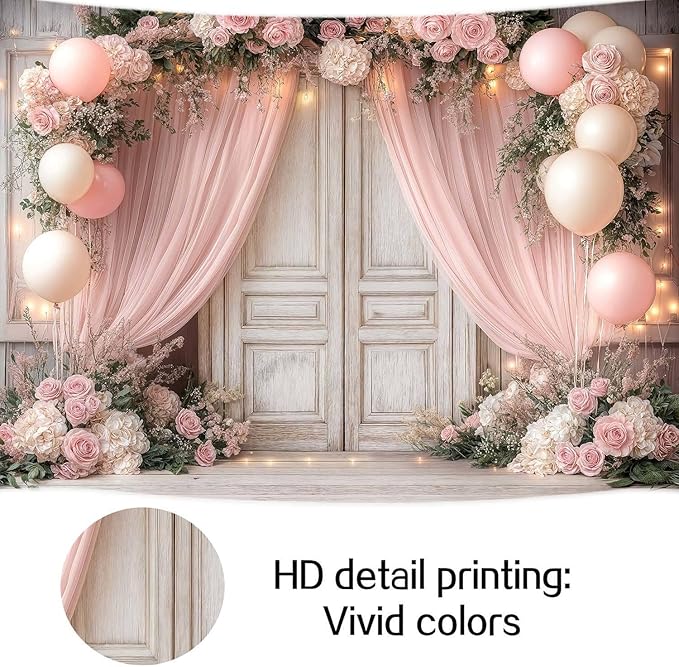 6X4ft Wedding Floral Backdrop Vintage White Wood Barn Doors Pink Rose Flowers Elegant Photography Background Bridal Anniversary Party Photo Shoot Decor Props