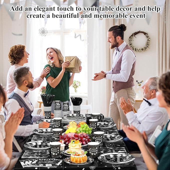 Funnymoom 452 Pcs Retirement Party Decorations Supplies Set Include Black and Silver Retirement Paper Plates Napkins Cups Tablecloth Cutlery Straws for Men Women Say Goodbye Party