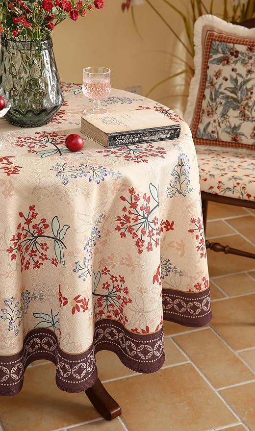 patdrea Vintage French Linen Tablecloth,Round,Diameter 55"-NewMari | Elegant Printed Table Cloth for Round Table,Red Floral Patterned,Durable,Dining Room Kitchen Tea Party Decoration