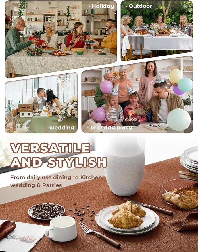 Decorelia Table Cloth for Rectangle Dining Table, Faux Linen Waterproof Texture Farmhouse Washable Rectangular Tablecloth Cover for Birthday, Party, Picnics, Wedding Decor(Burnt Orange, 52 x70 Inch)
