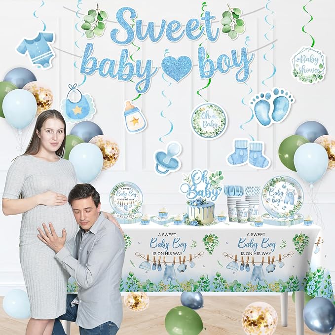 Xynic 201PCS Baby Shower Decorations Boy Tableware Set, 25 Serves Disposable Plates and Napkins Set, with 2pcs Tablecloth, Cake Topper, Banner, Balloons for Baby Boy Shower Decorations