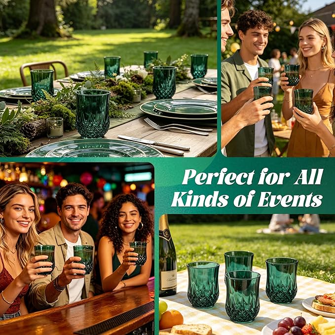 12 Pack Plastic Stemless Wine Glasses,12oz Unbreakable Vintage Elegant Drinking Glass Set,Reusable Fancy Cocktail Cups for Party, Wedding, and Bulk Events (12, 12oz-Dark Green)
