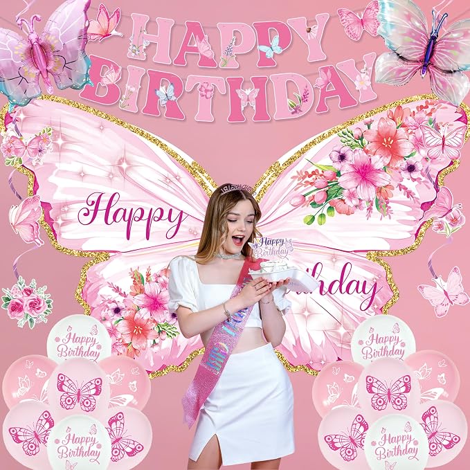 Roetyce Butterfly Birthday Decorations Girls, Pink Happy Birthday Banner Backdrop Balloons Hanging Swirls Cake Topper Kit for Home Party, Women Butterfly Themed Party Suppiles Photo Background
