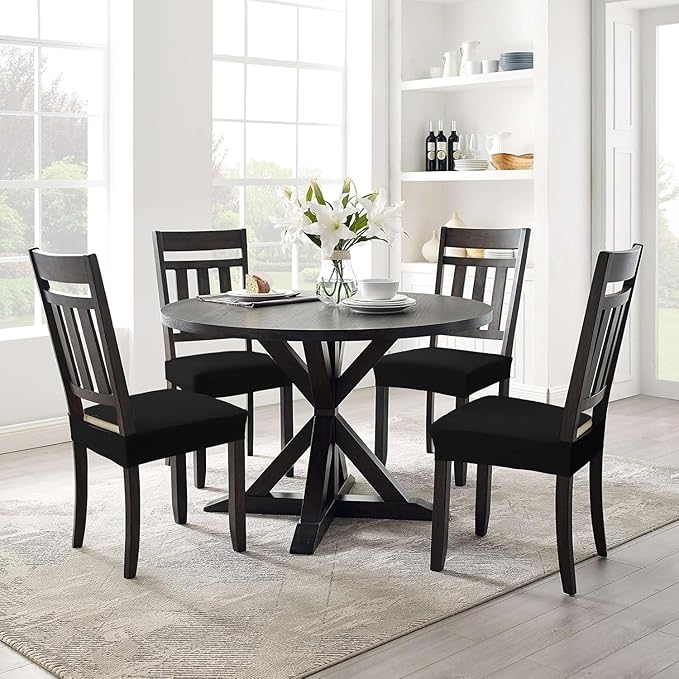 Smiry Stretch Jacquard Seat Covers for Dining Room Chairs Set of 2, Removable Washable Chair Seat Protector Slipcovers, No Rear Covers, Black