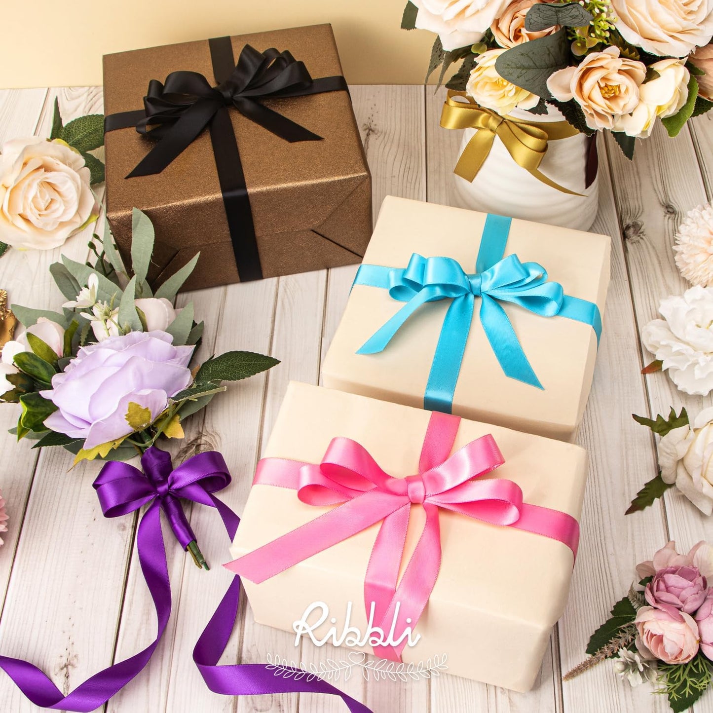 Ribbli Black Satin Ribbon 5/8 inch x Continuous 25 Yards,Double Faced Satin Use for Craft, Gift Wrapping, Christmas Ornaments, Hair Bows, Bouquet Bows