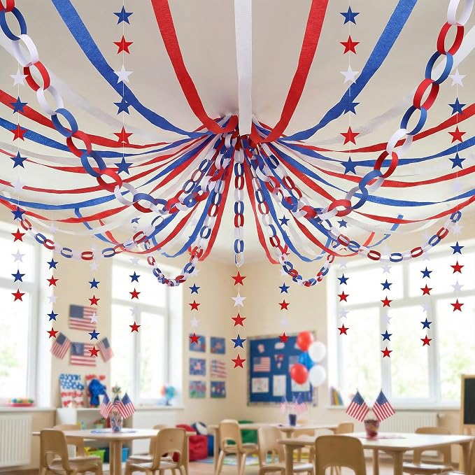 700 Sheet 4th of July Paper Chain Strips Set, 52 ft Red White Blue Star Garland Decor, 492 ft Patriotic Crepe Paper Streamers for DIY Crafts Memorial Day American Theme Party